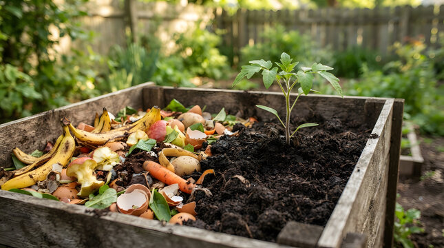 Wooden compost bin filled with organic food scraps and fresh soil in a backyard garden.