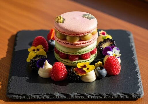 Gourmet macaron cake with edible flowers and berries
