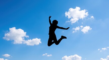 Obraz premium Silhouette of a person jumping high in the air against a bright blue sky with white clouds, symbolizing freedom, joy, success, energy, and limitless possibilities.