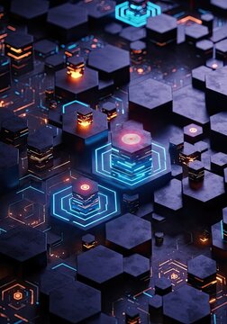 High-tech hexagonal machinery with orange and blue circuits.