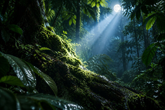 Moonbeam through tropical leaves illuminating mossy wet bark, serene forest.