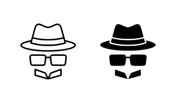 Spy hat and glasses outline and solid vector icon set for secret agent and detective concepts