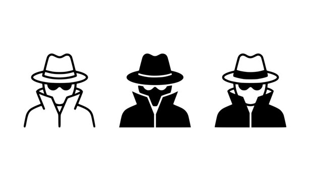 Undercover spy agent silhouette outline and solid vector pictogram logo collection