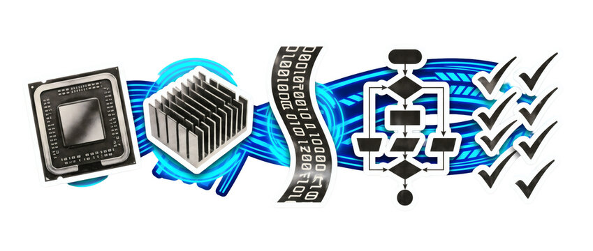 Software coding algorithm icons, microprocessor CPU chip, silicon semiconductor wafer, flowchart algorithm, and checkmarks. Computer computer programming software on transparent background.