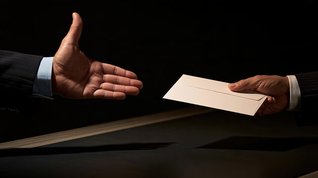 Anonymous business hand offering envelope in dark setting, symbolizing bribery and corruption, with tense dramatic mood and ethical concern