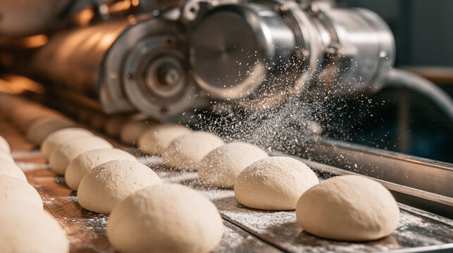 Fresh dough balls moving along an industrial bakery conveyor belt under flour dusting. Automated food production for commercial bread manufacturing advertising.