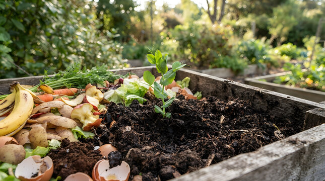 Organic kitchen waste composting in a wooden garden bin with fresh soil and a small plant sprout.