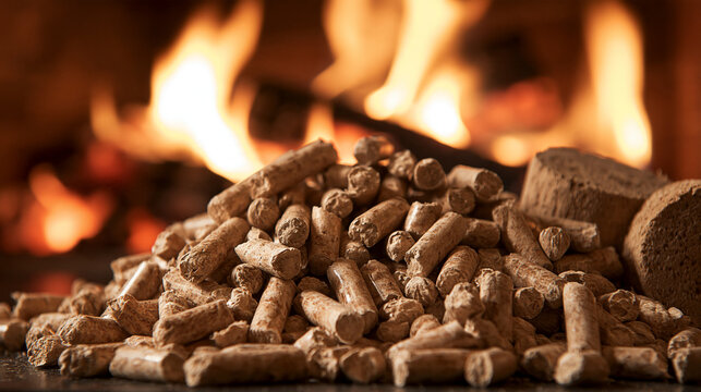 Wood pellets piled in front of a warm fireplace. Sustainable fuel concept for efficient home heating solutions.