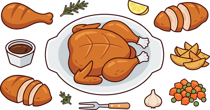 Roasted whole chicken vector illustration set featuring holiday turkey dinner with sliced breast drumstick potato wedges gravy sauce and mixed vegetables