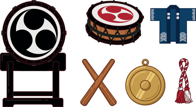 Traditional Japanese taiko festival drum vector element set featuring musical instruments bachi sticks brass gong happi coat and decorative shimenawa rope