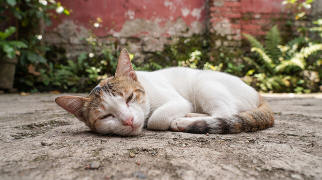Tricolor cat resting peacefully on concrete ground