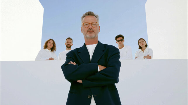 Confident leader standing before diverse team in modern architectural setting, expressing trust, teamwork, and organizational leadership