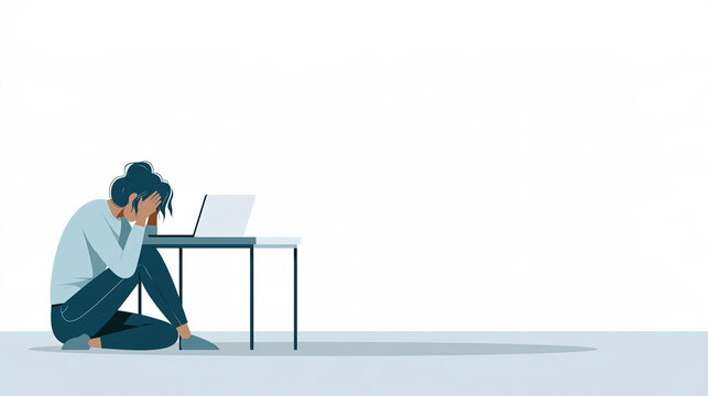 Exhausted office worker sitting beside desk with head in hands, expressing stress and fatigue during demanding workday