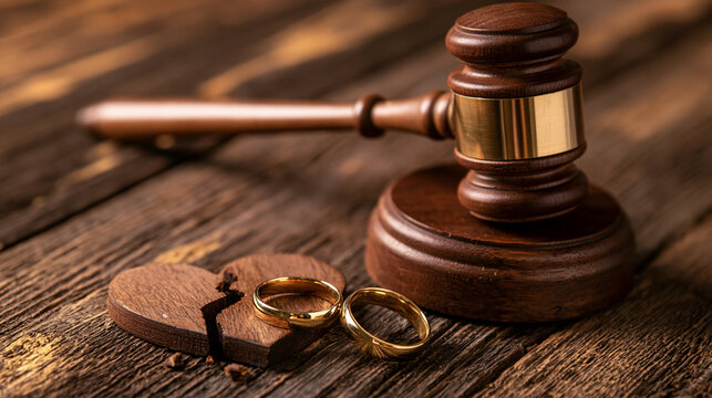 A wooden gavel and two gold wedding rings beside a broken heart icon on a rustic table. Symbolic representation of a legal divorce process.