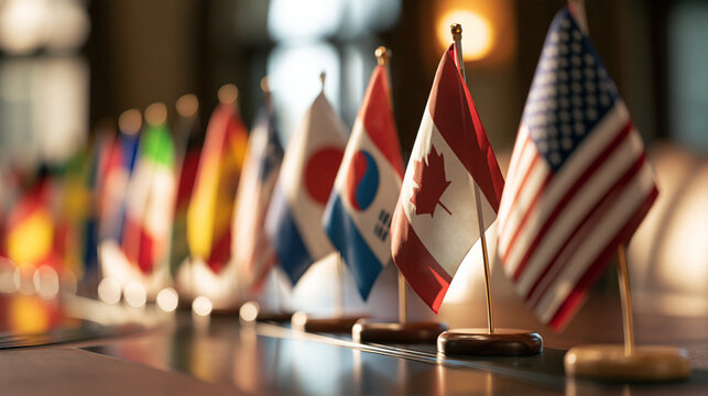 Miniature international flags aligned on a conference table under warm indoor lighting. Perfect for global diplomacy and international summit themes.