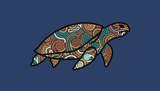 Sea turtle adorned with colorful ethnic swirl patterns swimming gracefully on a solid dark blue background.
