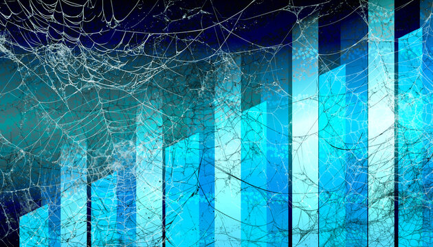 Shattered Glass Effect Over Blue Financial Bar Chart and Glass Skyscrapers