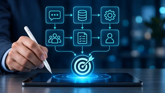 Strategic planning workflow flowchart converging on target icon representing digital project management and business goal achievement