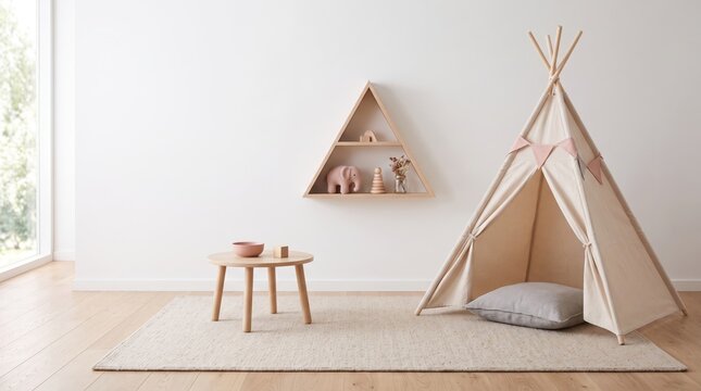 Minimalist children playroom interior featuring wooden teepee tent, triangle wall shelf with toys, small round table, and beige rug in bright sunny modern nursery room.