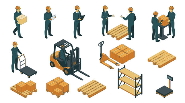 Dynamic Warehouse Operations Illustrations of Workers Handling Pallets Boxes and Equipment in a Logistics Facility