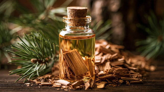 Bottle of essential oil with cedarwood chips and pine needles on a wooden table.