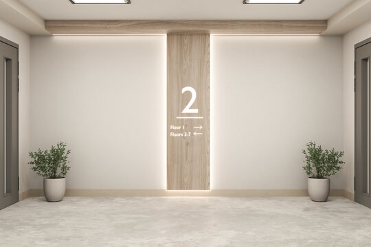 Minimalist Modern Hallway Interior with Floor Directory Sign on Wooden Panel