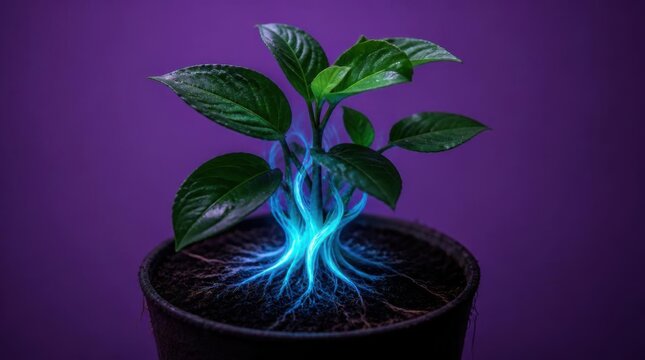 Glowing magical green plant growing in dark soil container against purple background