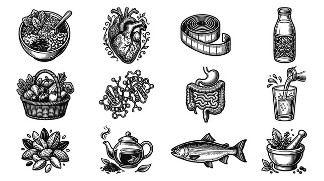 Nutrition and Health Line Art Icons Set: Food, Human Organs, Lifestyle  Natural Remedies Illustrations
