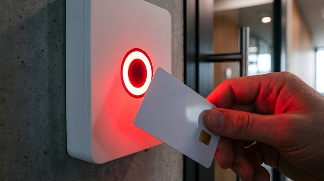 Hand holding smart ID identity card near modern proximity reader