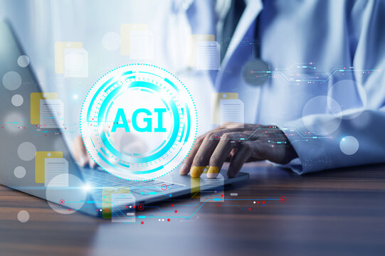 Doctor working on a computer using AGI and artificial intelligence technology for medical diagnosis, patient care, consultation, and healthcare innovation.