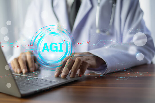Doctor working on a computer using AGI and artificial intelligence technology for medical diagnosis, patient care, consultation, and healthcare innovation.