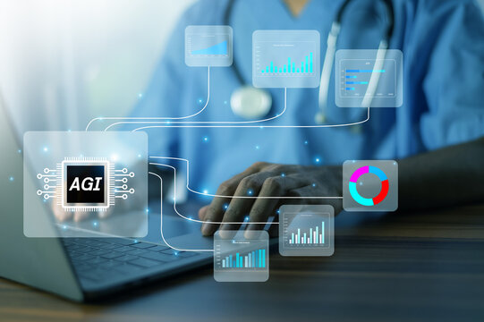 Doctor working on a computer using AGI and artificial intelligence technology for medical diagnosis, patient care, consultation, and healthcare innovation.