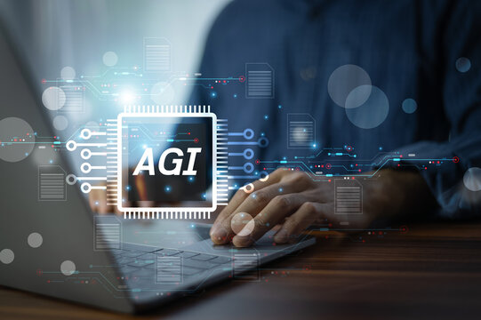 Man Using AGI Technology on computer laptop for Innovation, Research, and Future Business Solutions.