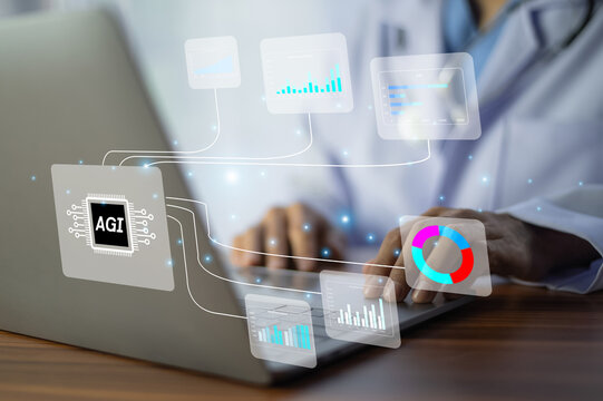 Doctor working on a computer using AGI and artificial intelligence technology for medical diagnosis, patient care, consultation, and healthcare innovation.