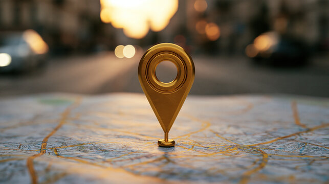 A shiny gold location pin stands on a paper map at sunset. This symbol represents navigation, travel destination, or local business findability concepts.
