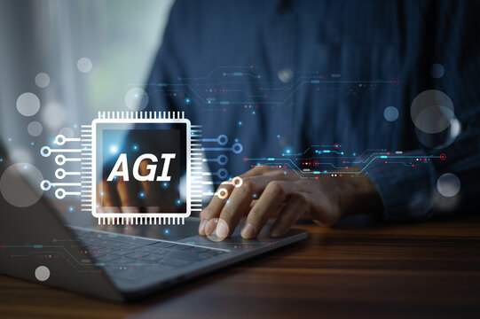 Man Using AGI Technology on computer laptop for Innovation, Research, and Future Business Solutions.