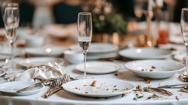 Messy dining table with empty champagne flutes and dirty dishes flute glasses banquet hall after party mess used plates crystal glasses event planning dining room formal dinner