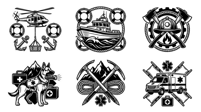 Emergency  Rescue Services Vector Emblems Set: Firefighting, Medical, Marine, K9, Mountain Line Art