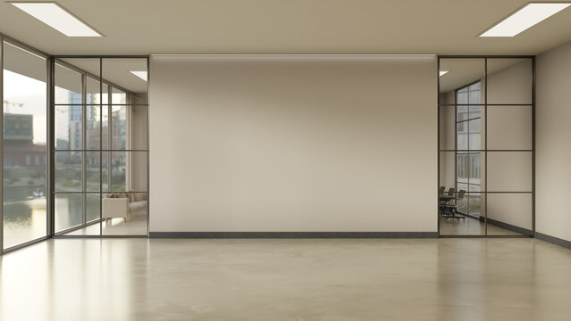 Modern Commercial Interior with Blank Wall Mockup and Glass Partitions