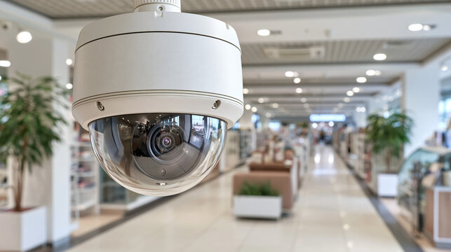 Security camera surveillance device in shopping mall interior with dome lens and blurred retail corridor background