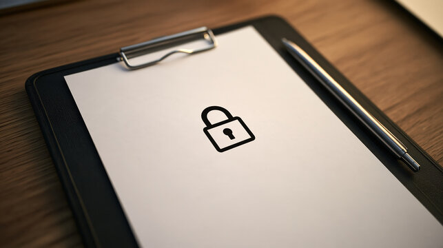 Sensitive document protection concept featuring locked clipboard, blank paper, and pen for secure information handling