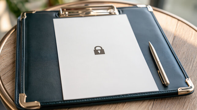 Sensitive document protection concept featuring locked paper on leather clipboard with pen, symbolizing privacy and secure information