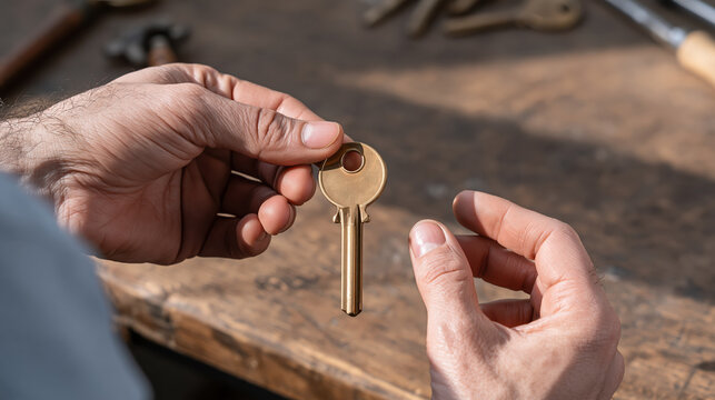Skilled locksmith inspecting freshly cut brass key by hand, with focused attention during detailed workshop work