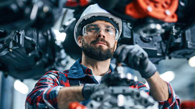 Skilled mechanical technician performing detailed inspection inside industrial workshop with focus and concentration