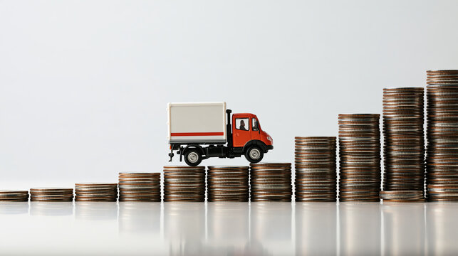 Small delivery truck climbs stacked coin steps, symbolizing supply chain finance, business growth, logistics, and financial progress
