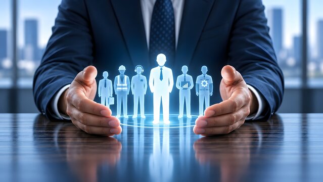 Human resources management concept featuring businessman hands protecting diverse digital employee team hologram on desk