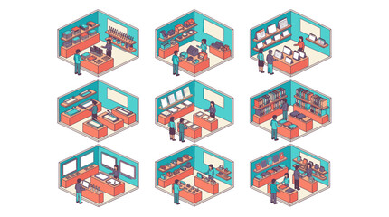 Fototapeta premium Minimalist Isometric Illustrations of Library or Office Workspaces with People Handling Books Computers and Documents