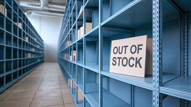 Supply chain disruption inside distribution warehouse with empty storage shelf and out of stock sign conveying concern