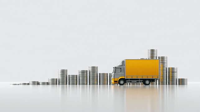 Supply chain finance concept featuring delivery truck surrounded by stacked silver coin, conveying growth and logistics planning