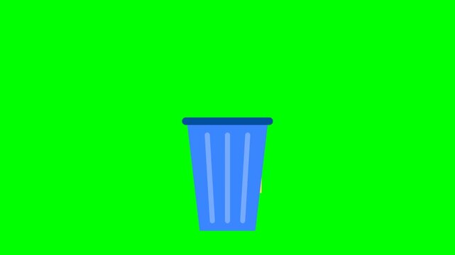 Animated blue waste bin collecting household garbage on green screen background